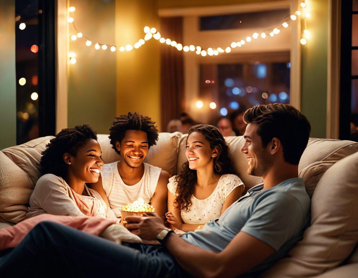 A vibrant scene depicting a diverse group of people engaged in various forms of entertainment, such as watching a romantic movie, attending a theater play, and reading a romance novel. Soft warm colors to evoke a sense of love and connection, with details of hearts and symbols of romance subtly integrated into the background. A cozy atmosphere with twinkling fairy lights and popcorn in hand. super-realistic. vibrant colors. warm tones.