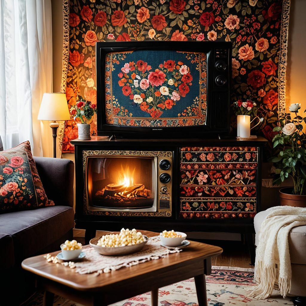 A cozy living room scene with a vintage TV showing a romantic scene from a beloved series. In the foreground, a tapestry filled with colorful thread spools representing different emotions: love, joy, drama. Soft lighting creating a warm atmosphere, with a plush couch and popcorn bowl nearby for a viewing experience. Elements like roses and heart shapes woven into the tapestry add to the romantic theme. super-realistic. vibrant colors. warm tones.