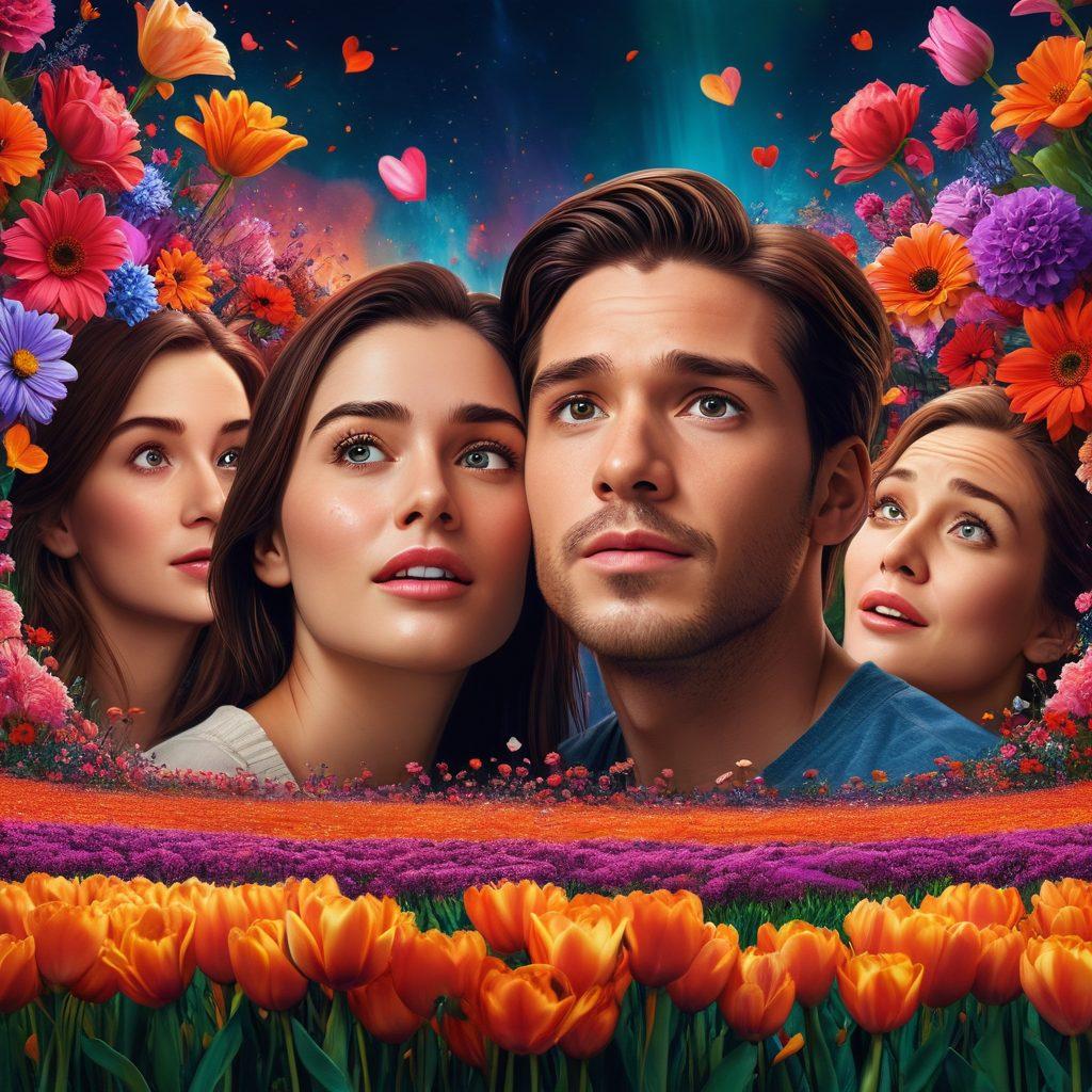 A vivid scene depicting a television screen showcasing a heartfelt moment from a popular drama series, surrounded by emotional characters, with vibrant hearts and flowers reflecting affection all around. Include an audience captivated by this display, immersed in their emotions, symbolizing the bridge from drama to reality. super-realistic. vibrant colors. 3D.
